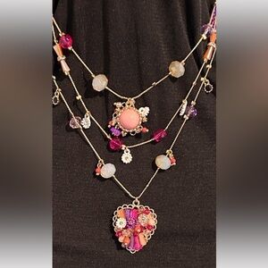 Betsey Johnson Multi-Layered Necklace with Pink and Purple Charms